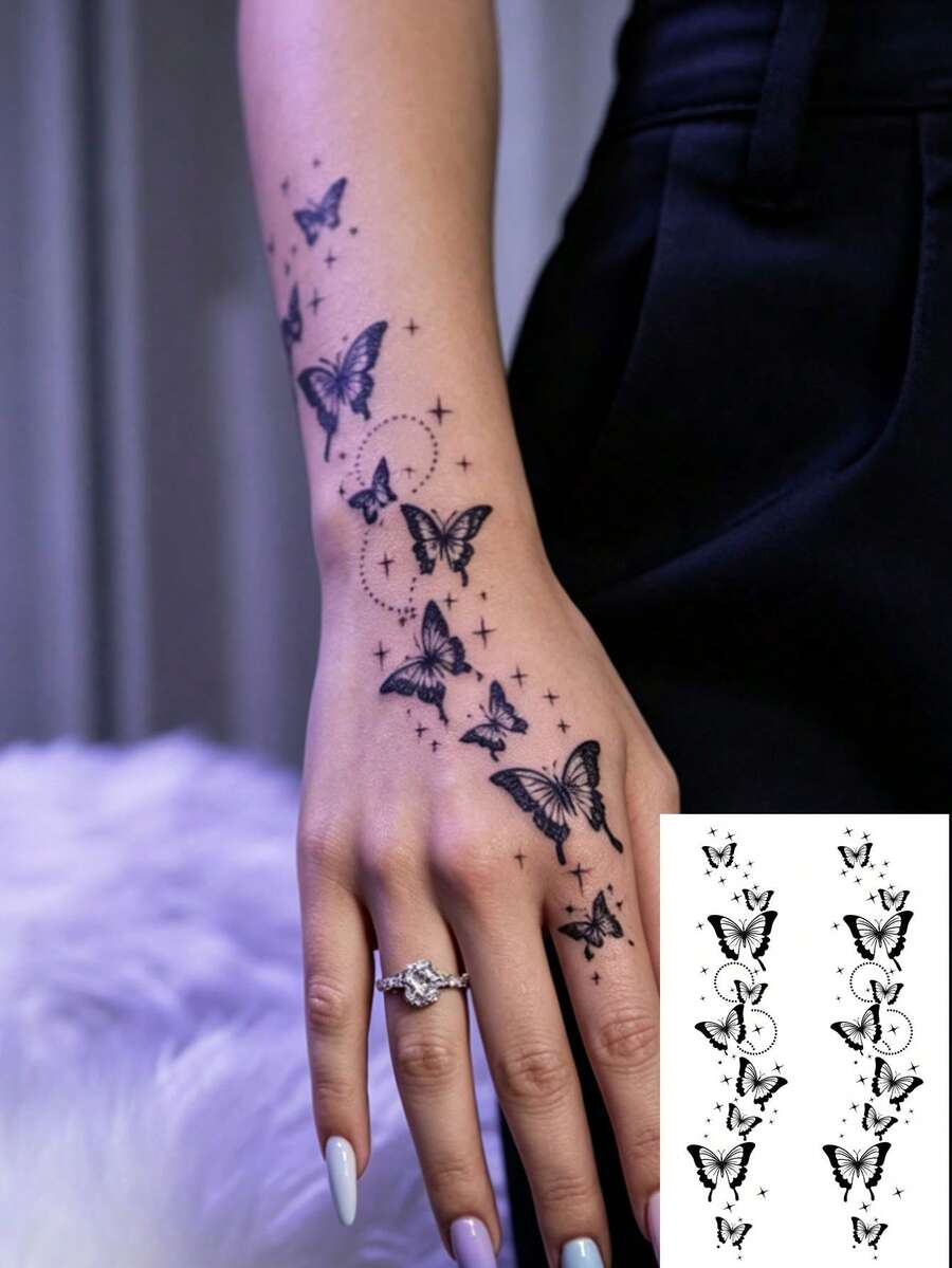 1 Sheet Gradient Shaded Butterfly Star Sparkle Wrist Hand Palm Vertical Temporary Tattoo Sticker, Waterproof Long-Lasting Dreamy Celestial Fake Tattoo, Body Art Decal For Knuckle Collarbone Ankle Neck Forearm - Black - View 1