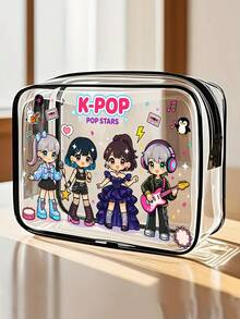 1pc K-Pop Idol Themed PVC Makeup Bag, Zipper Sealed PVC Travel Organizer Bag, Printed With K-Pop Logo Korean Pop Culture Design, Lightweight And Sun-Resistant Women's And Girls' Makeup And Toiletry Bag, Portable Makeup Box, Easy To Wipe Clean Design, Tech-Inspired Organizer | Modern Aesthetic | Fade-Resistant Material, Travel Essential, Vacation, Summer, Back To School, School Supplies Bag, Toiletry Bag, Waterproof Travel Makeup Bag - Multicolor - View 1