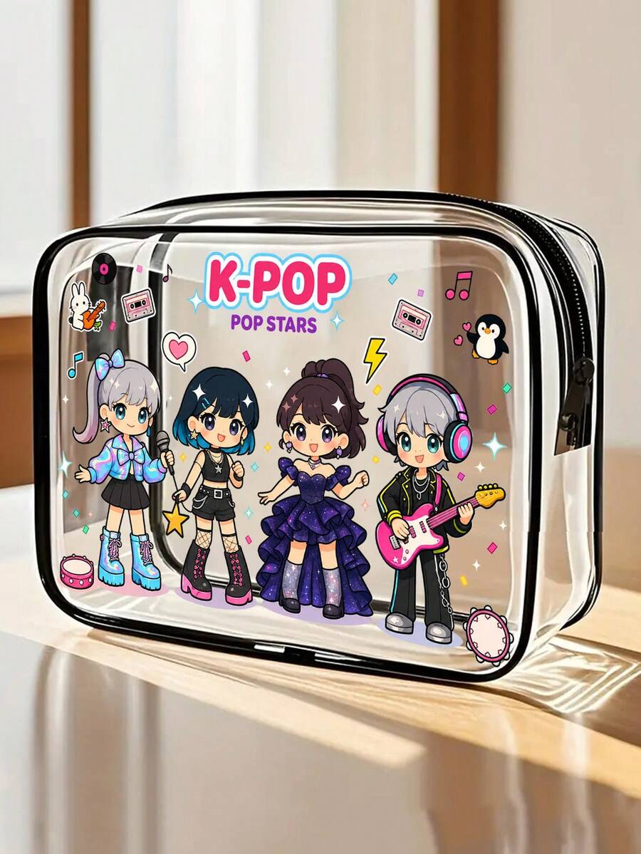 1pc K-Pop Idol Themed PVC Makeup Bag, Zipper Sealed PVC Travel Organizer Bag, Printed With K-Pop Logo Korean Pop Culture Design, Lightweight And Sun-Resistant Women's And Girls' Makeup And Toiletry Bag, Portable Makeup Box, Easy To Wipe Clean Design, Tech-Inspired Organizer | Modern Aesthetic | Fade-Resistant Material, Travel Essential, Vacation, Summer, Back To School, School Supplies Bag, Toiletry Bag, Waterproof Travel Makeup Bag - Multicolor - View 1