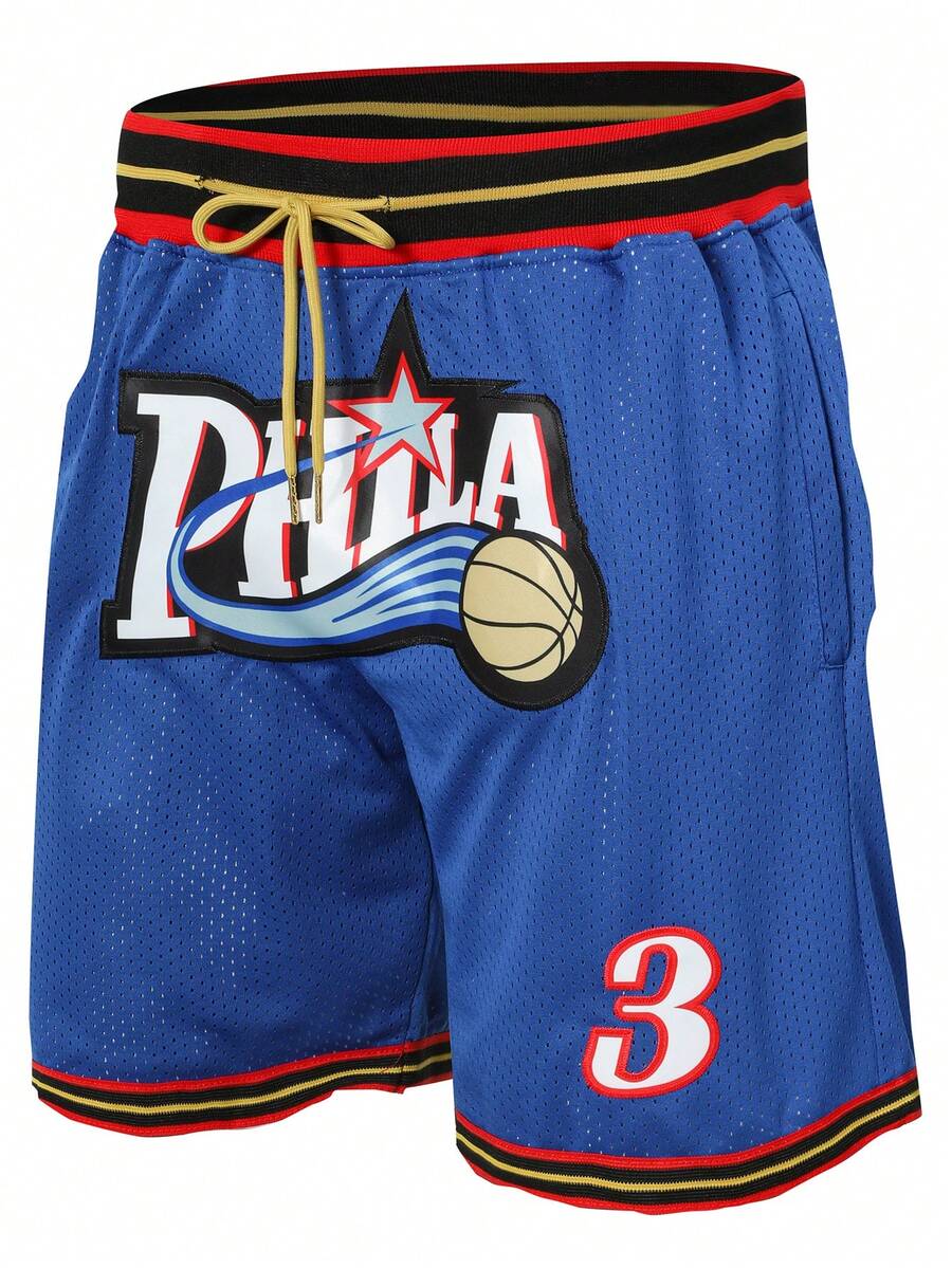 Atonmore 男士籃球短褲 76ers 3 藍色復古網布刺繡拉鍊口袋運動短褲 秋季運動 - 藍色 - 查看 1