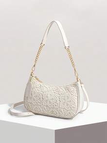 Gentle, Sweet And Fashionable Solid Color Shoulder Bag, Chain Shoulder Strap Splicing Design, Elegant And Exquisite Atmosphere Crossbody Bag. - White - View 7