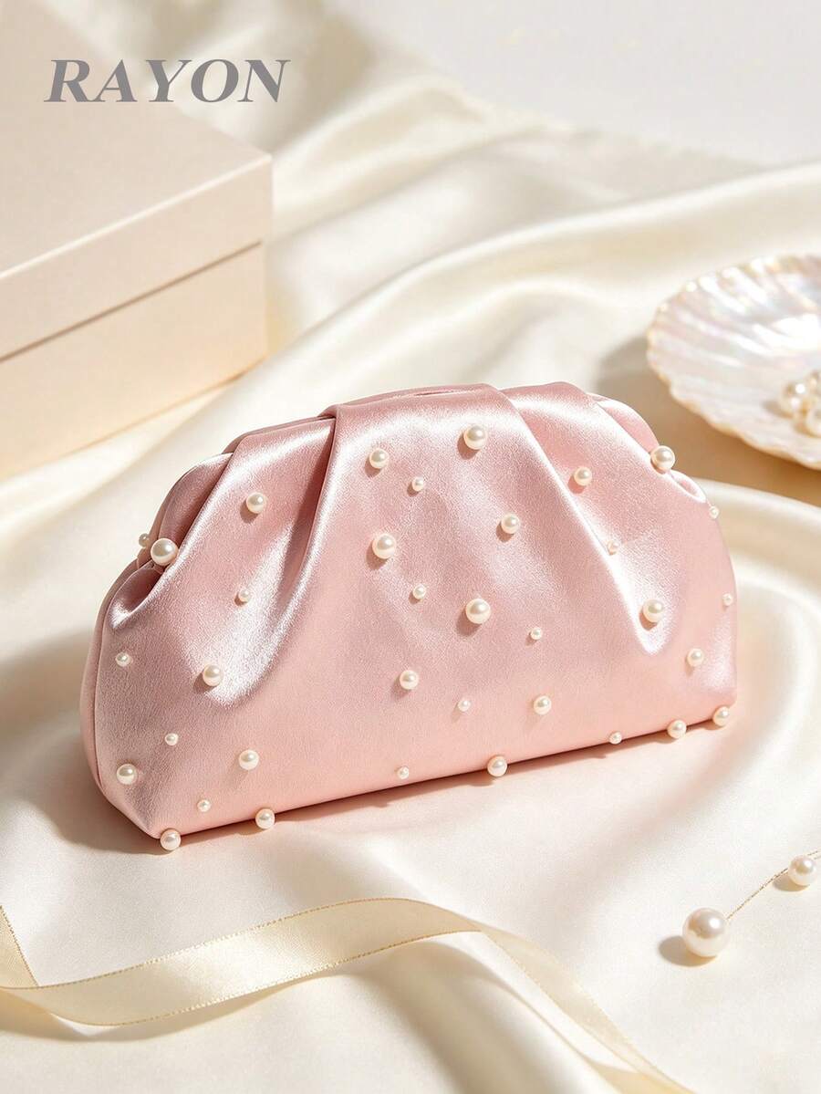 1pc Pink Satin Silk Soft Pearl Cloud Pleated Clutch Bag With Chain Strap, Suitable For Evening Party And Formal Occasions, Elegant Purse Prom Pouch - Baby Pink - View 1