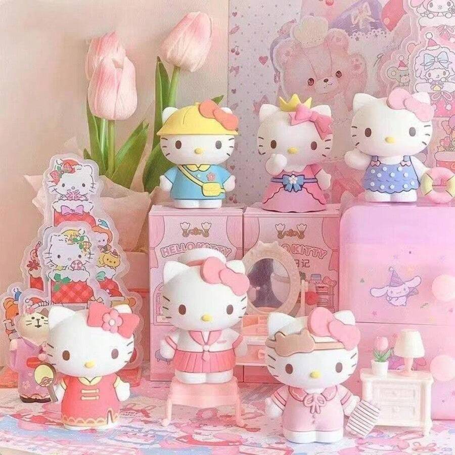 SANRIO 1件/3件/8件 Hello Kitty 換裝日記盲盒公仔娃娃，可愛桌面裝飾禮物 - 彩色 - 查看 1