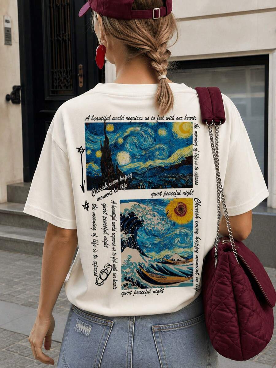 Camiseta Streetwear Quadros Van Gogh Camisa Skatista 100% Algodão T-Shirt - Creme - Visão 1