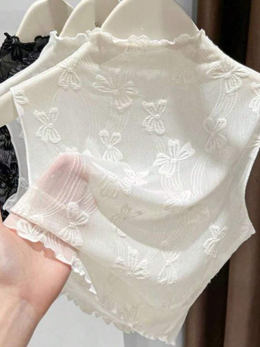 قطعة واحدة من طبقة أساسية نسائية بتصميم نحيف وحافة متموجة من قماش شبكي جاكار بدون أكمام مع ياقة مزيفة - متعدد الألوان - مشاهدة 1