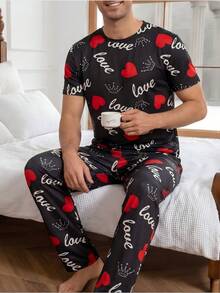 Men's Pajama Set, Heart Print Short Sleeve & Long Pants, Casual Loungewear 2 Pieces Set - Multicolor - View 3