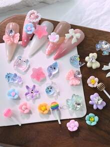 12格/盒可愛3D樹脂花朵蝴蝶結星星棒棒糖美甲飾品 混款水鑽蝴蝶與緞帶蝴蝶結美甲裝飾 DIY美甲配件 - 彩色 - 查看 7