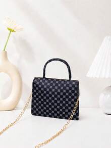 Mirror Glossy Patent Leather Fashion Chain Handle Handbag - Black - View 7