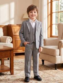 Boys Plaid 3 PiecesSuit Set, Toddler Formal Wear, Groomsman Outfit, Wedding Suit Vest & Pants, Formal Attire, Light Gray, 3-8 Years - Light Grey - View 1