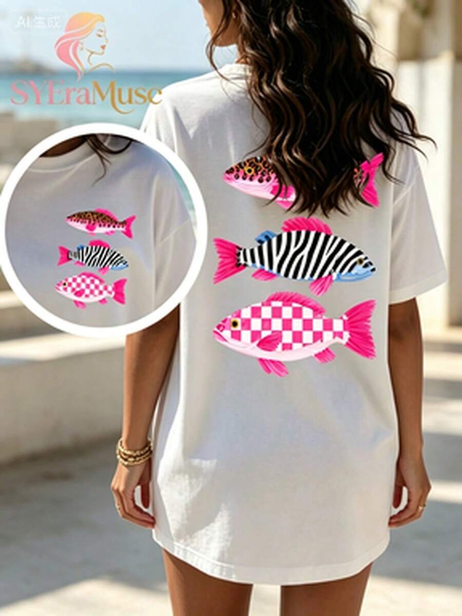 Women's Loose Fit"Leopard Zebra Pattern Fish"Printing T Shirt,Bohemian Lakeside Fishing Summer Aesthetics,Autumn Outfits,Suitable For Concerts,Vacatio - 白色 2 - 查看 1