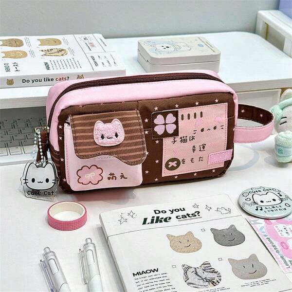 Charming Cat-Inspired Pencil Case With Cat Pendant, Pink And Brown Fashionable Color Scheme, Suitable For Storing Stationery Or Small Accessories, Practical And Cute Gift For Cat Lovers! Japanese Lucky Cat Patchwork Pencil Pouch, INS Vintage Color Block Student Large Capacity Pencil Case, Brown Coffee / Mint Green / Peach Pink Three Colors Available, Multi-Layer Compartment Storage Design, External Small Pocket For Cards And Erasers, Comes With Portable Handle Strap To Prevent Loss.