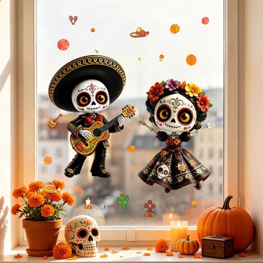 1/5pcs Day Of The Dead Skull & Cactus/Marigold Static Cling Window Stickers, Suitable For Party, Restaurant And Day Of The Dead Home Decor