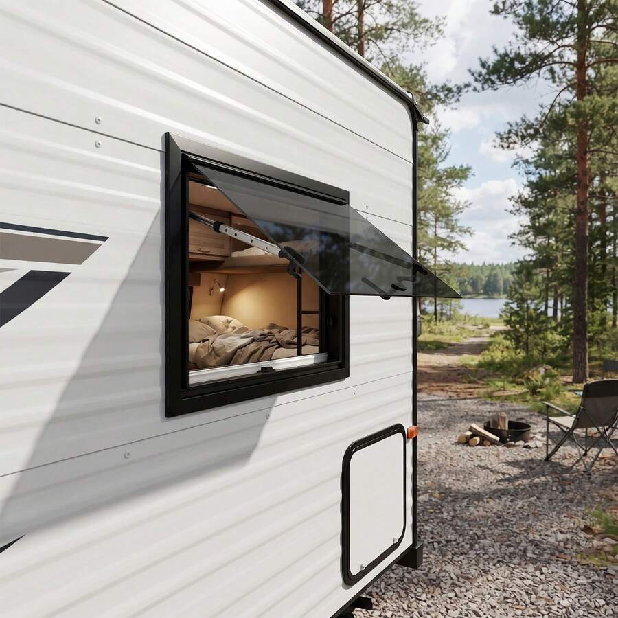 60*45cm RV Right Angle Outward Sliding Window, Equipped With Built-In Screen Mesh And Sunshade Blind, Universal Replacement Window For Camper, Trailer And Motorhome Exterior Installation - Black and White - View 1
