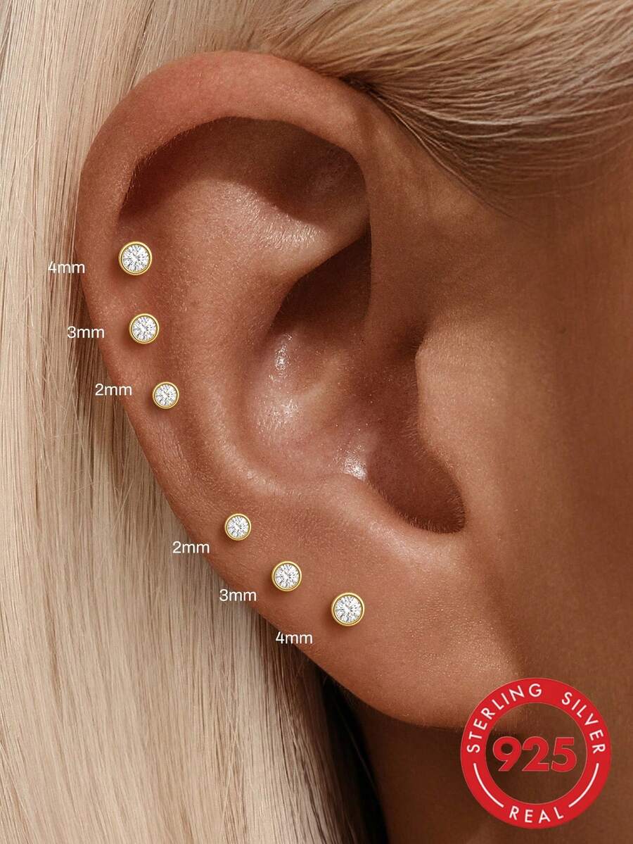 3pcs 925 Sterling Silver Stud Earrings For Women,Cubic Zirconia 5A+ Earring Set For Cartilage Earring Stacks Hypoallergenic CZ Studs For Sensitive Ear - Gold - View 1