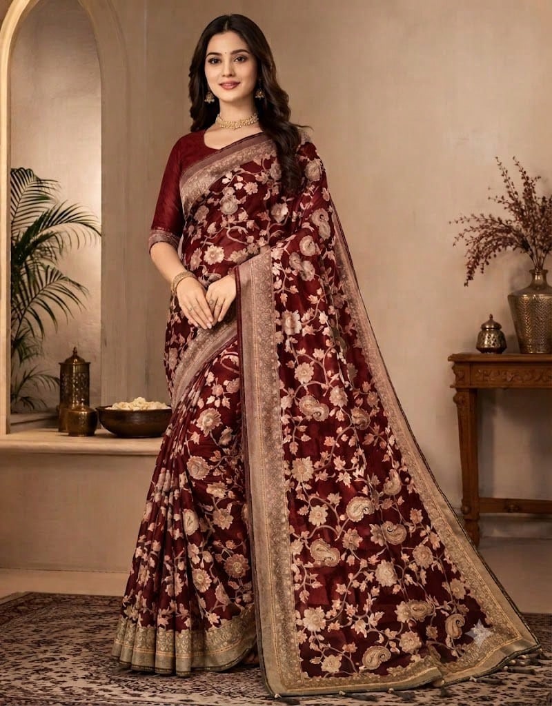 Estationeryhouse Bahu Beti Women's Brasso Saree With Unstitched Blouse ...