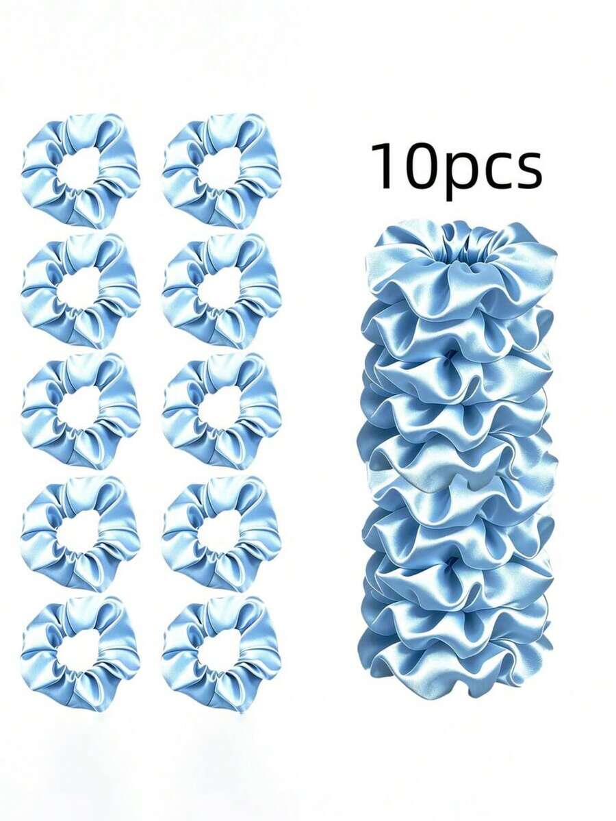 1/5/10pcs Solid Light Blue Matte Glossy All-Match Satin Scrunchies, Minimalist Ins Cool Commute Korean Girl Style Hair Accessories, Smooth Faux Silk Satin High Elasticity Non-Damaging Hair Ties, Spring Summer Fresh Versatile All-Match Hair Accessories, Suitable For Home, Office, School, Fitness, Dating, Shopping, Short Trips, Bridesmaid Simple Styling Multi-Use Gentle Hair Ties - Baby Blue - View 1