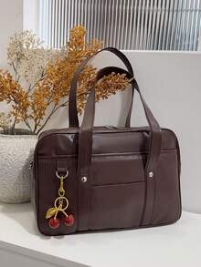 Office Lady 8 AM Tote Bag, Minimalist Fashion Women's PU Handbag, Solid Color Personalized Large Capacity Shoulder Bag - Coffee Brown - View 4