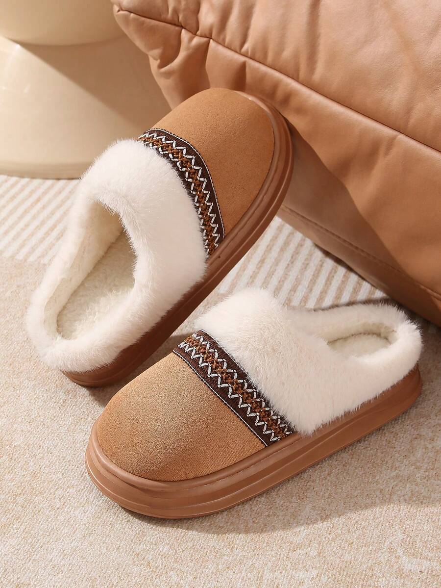 New Men's Slippers Home Autumn/Winter Slippers Fabric New Comfortable Thick Sole Fuzzy Warm Slippers Retro Woven Strap Couple Shoes Plus Size Casual Indoor Casual Men's Slippers Thickened Plush Floor Slippers - Khaki - View 1