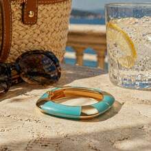 ORNAPEADIA 1pc Women's Gold-Plated Turquoise Enamel Open Bangle Bracelet, Versatile Beach & Daily Wear Accessory, Suitable For Gift - SZ60882-9 - View 5