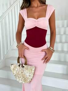 Contrast Color Sweetheart Neckline Fitted Waist Slim Fit Bodycon Mermaid Tail Evening Dress - Pink - View 4
