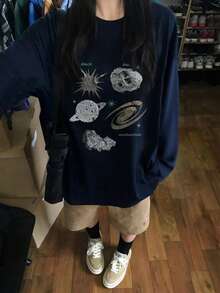 女款春夏/秋冬純棉圓領寬鬆百搭字母與星空印花長袖T恤 - 藏蓝色 - 查看 2