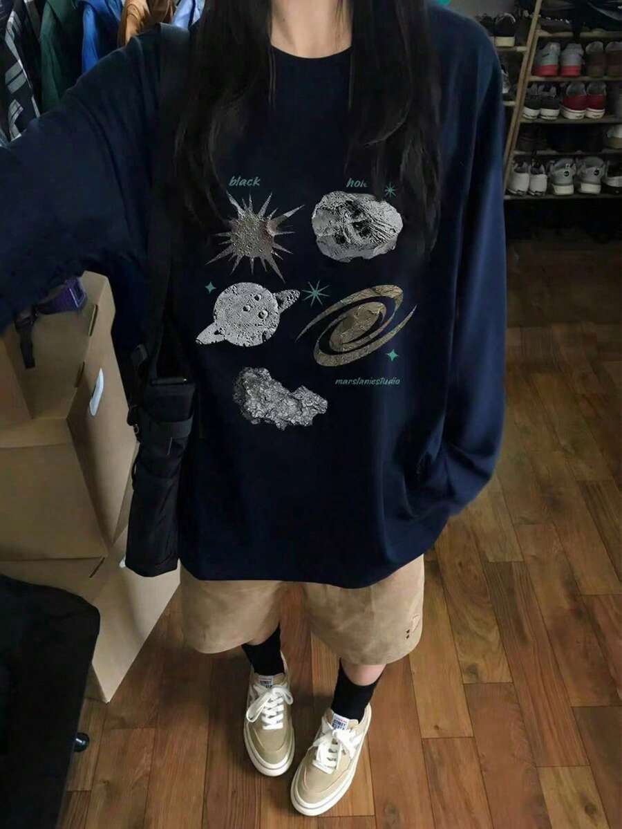 女款春夏/秋冬純棉圓領寬鬆百搭字母與星空印花長袖T恤 - 藏蓝色 - 查看 1