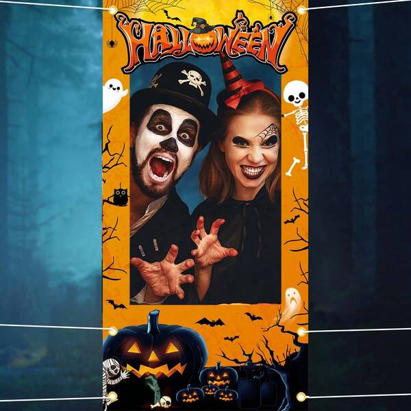 Universal Halloween Photo Booth Props Fabric "Trick Or Treat" Frame & Banner, Party Decor, No Power Required