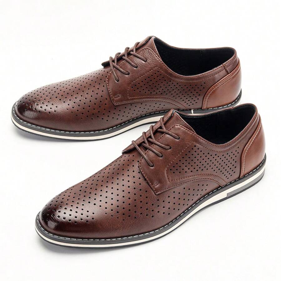 Men's Breathable Hollow-Out Cool Fashion Versatile Beach Vacation Casual Oxford Shoes, New Summer Lightweight Non-Slip Derby Shoes - Burgundy - View 1