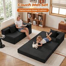 6-In-1 Boneless Couches L-Shaped Modular Sectional Sofa| Cloud Couch Sectional & Tri-Folding Mattress| Corduroy Pet-Friendly Convertible Sofa Bed With 800LB Capacity Apartment, Guest Room JMLS - Black - View 3