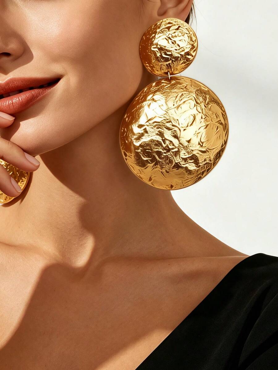 1 Pair European And American Minimalist Exquisite Artistic Style Glossy Gold-Plated Alloy Handmade Wrinkled Lava Texture Small Top Large Bottom Double Layer Round Hoop Long Earrings For Women, Commute, Banquet, Beach Vacation, Exaggerated Heavy Metal Earrings - Yellow Gold - View 1