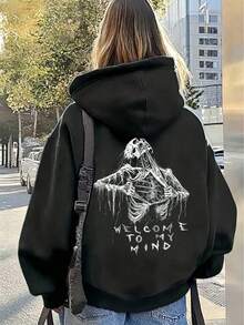 Street Style Skull Print Plus Size Pullover Sweatshirt, Long Sleeve Drawstring Pullover Sweatshirt Casual Black - Black - View 2