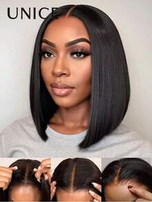 UNice 7x5 Bye Bye Knots Lace Front Wig Pre Cut Pre Plucked Bleached Knots Bob Wig Straight Hair With Drawstring Fit All Head Size Put On And Go Glueless Wig 150% Density Natural Black Color For Women Beginner Friendly - Natural Black - View 4