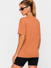 Nonwe Women Loose Fit Plain Short Sleeve T Shirt Soft Stretch Crew Neck Casual Sports Basic Tee Daily Wear - Brown - View 3