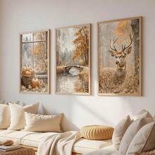 3Pcs Vintage Autumn Forest Canvas Wall Art, Spotted Deer Pumpkin Basket Wooden Bridge Lake Fall Oil Painting Prints, Rustic Farmhouse Decor For Living Room, Bedroom, Kitchen, Fall Nature Home Decoration, Halloween Decor, Posters & Prints, Frameless - 841 - View 5