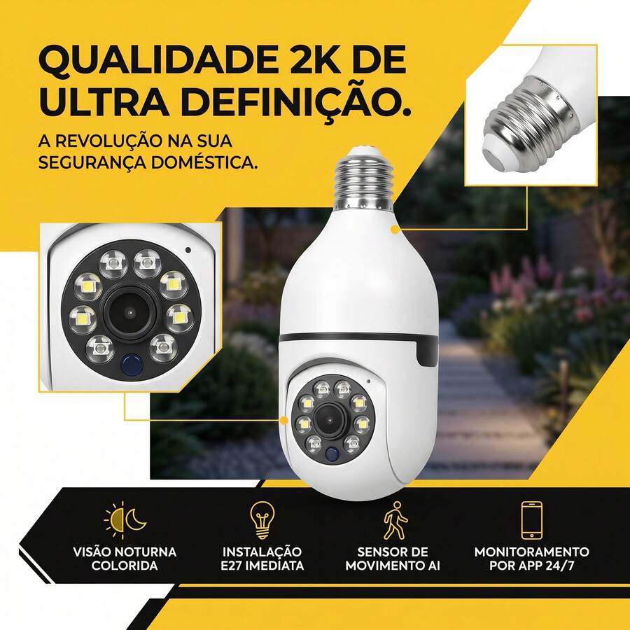 1pc Câmera de segurança inteligente residencial - Câmera sem fio 2k, instalação simples, design com soquete E27, visão noturna colorida, detecção de movimento, áudio bidirecional, sistema de monitoramento inteligente, adequada para uso residencial, comercial e interno. - Câmera Wi-Fi Inteligente 1 peça - Visão 1