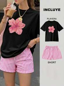 Conjunto de dos piezas, playera y short, playera estampada con diseño de flor hibisco, short corto de rayas en color rosa con blanco, ideal para vacaciones, calor, playa, casa - 2 Playera Negra con Short Rayas Rosa con Blanco - Ver 1