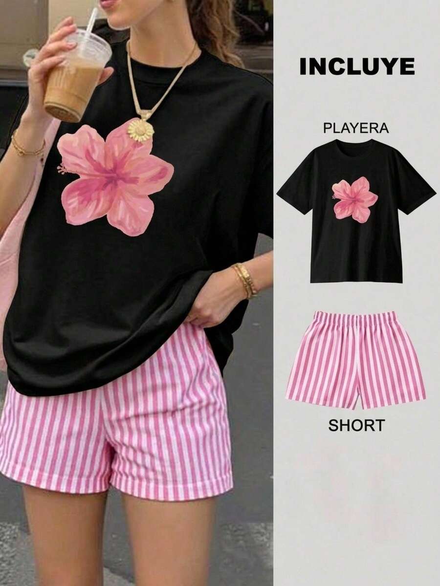 Conjunto de dos piezas, playera y short, playera estampada con diseño de flor hibisco, short corto de rayas en color rosa con blanco, ideal para vacaciones, calor, playa, casa - 2 Playera Negra con Short Rayas Rosa con Blanco - Ver 1
