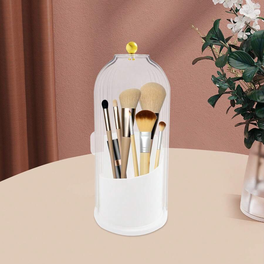 Rotating Makeup Brush Holder With Clear Dust Cover, Multi-Compartment Cosmetic Organizer With Dome Lid, Desktop Storage Cup For Brushes, Lipsticks And Other Beauty Makeup Tools - 透明白 - 查看 1
