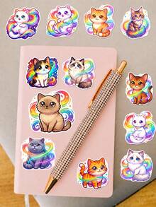 50Pcs Rainbow Cat Healing Decor Stickers, Hand-Drawn Illustrations Of Gradient Neon Cats, Rainbow Tails, Star Glitter And Cute Kittens, For Journal, Water Bottle, Luggage, Spring Picnic DIY Decor - Multicolor - View 5