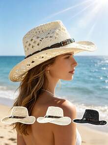 1 pieza Sombrero de paja de vaquero occidental blanco crema con ganchillo hueco, decoración de hebilla de cuero turquesa bohemio, ala ancha tejida transpirable y llamativa para protección solar, estilo vintage de vacaciones que favorece el rostro, adecuado para salidas a la playa y festivales de música - sombrero de paja - Ver 2