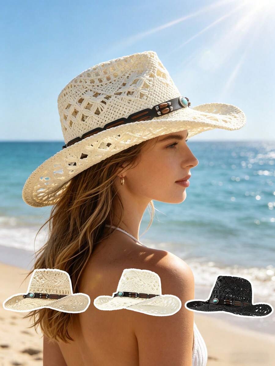 1 pieza Sombrero de paja de vaquero occidental blanco crema con ganchillo hueco, decoración de hebilla de cuero turquesa bohemio, ala ancha tejida transpirable y llamativa para protección solar, estilo vintage de vacaciones que favorece el rostro, adecuado para salidas a la playa y festivales de música