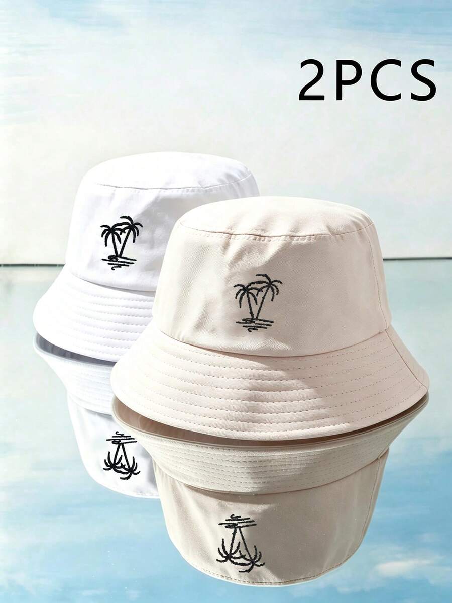 2pcs Unisex Y2K Style Embroidered Coconut Tree Bucket Hats, Outdoor Sun Protection Hats Suitable For Outdoor Sports, Sunshade And Daily Commute - White + Beige - View 1