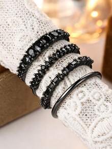 4pcs Minimalist Black Cubic Zirconia Stackable Rings, Durable Shiny Jewelry, Suitable For Halloween, Holiday Gift For Him - Multicolor - View 3