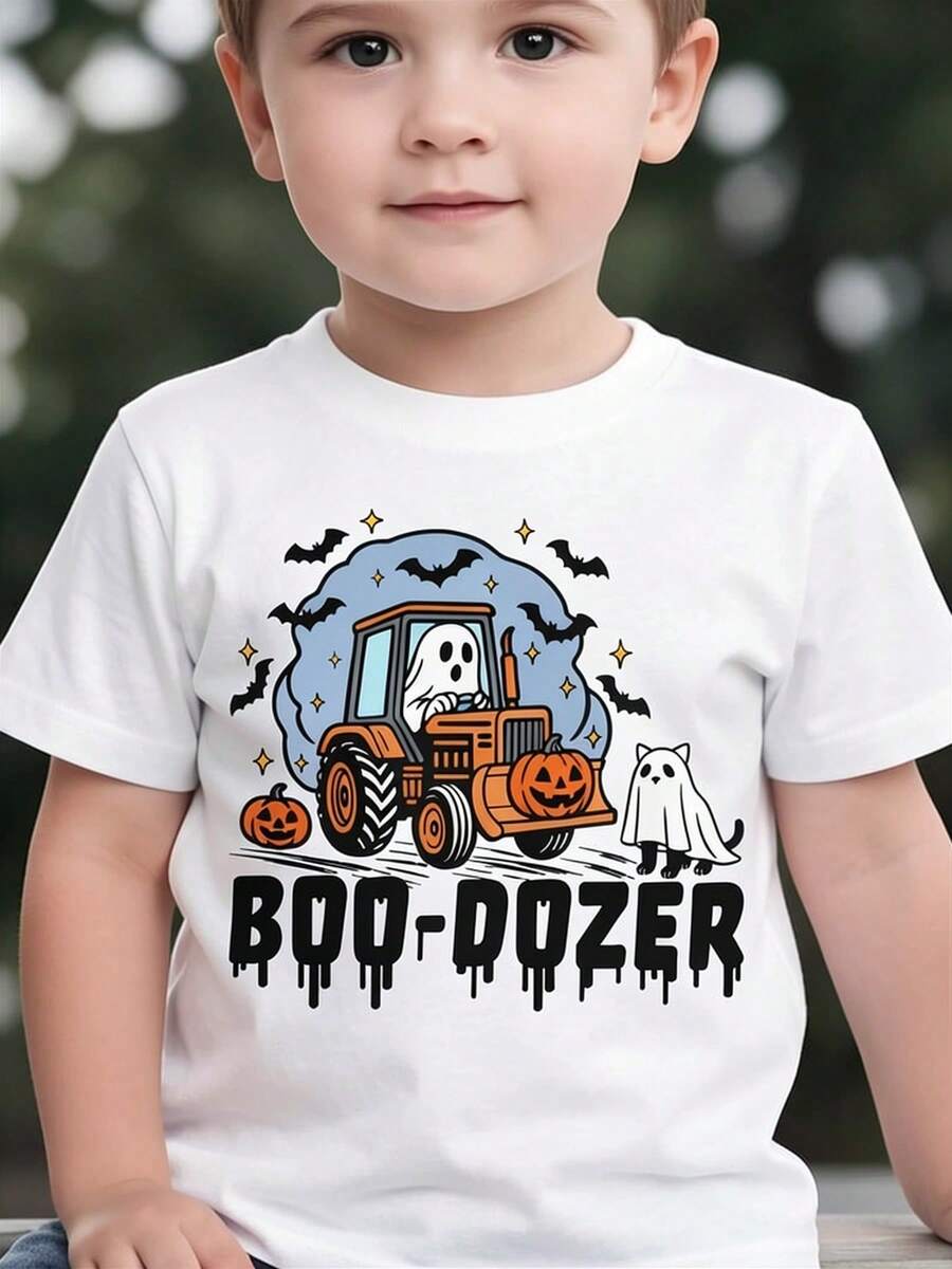 Camiseta unisex, camiseta de verano para niños con diseño de fantasma de dibujos animados con murciélago, estilo BOO-DOZER, blusas para mujer, camisas de mujer, blusa, camisas. - Blanco - Ver 1