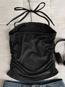 Women's Black Angel Wing Print Spaghetti Strap Top, Y2K Ruched Camisole - Black - View 2