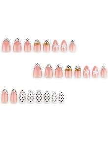 24 Peças Unhas Postiças de Formato Amendoado Curto Estilo Minimalista, Design Elegante com Acabamento Dourado 3D, Estrela Francesa e Pérola Incrustada, com Cola de Gelatina e Lixa de Unha, Adequado para Uso Diário, Baile de Formatura e Arte de Unhas para Festa - Multicolorido - Visão 4