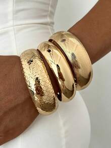 3pcs Vintage Elegant Exaggerated Casual Style Women's Metal Fish Scale Iron Plate Bracelet Set, Suitable For Daily Wear, Party, Wedding, Vacation And Gift Giving - Gold - View 1