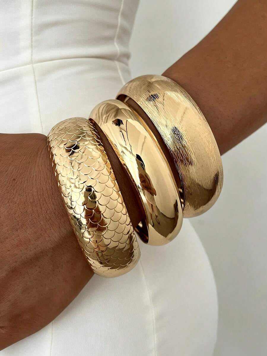 3pcs Vintage Elegant Exaggerated Casual Style Women's Metal Fish Scale Iron Plate Bracelet Set, Suitable For Daily Wear, Party, Wedding, Vacation And Gift Giving - Gold - View 1