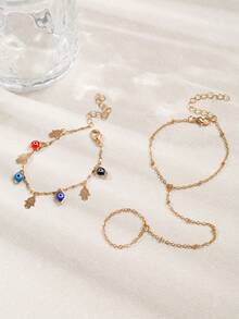 2pcs/Set Gold-Tone Copper Material Connected Finger Bracelet With Mysterious Demon Eye Tassel Back-Of-Hand Chain, Charming Women's Jewelry Suitable For Daily Wear And Party/Vacation Occasions, Colorful Beads On Handmade Chain Are Randomly Distributed - Multicolor - View 2