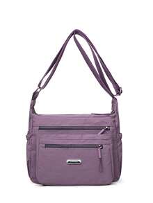 Casual Nylon Shoulder Bag With Adjustable Strap, Multi-Compartment Crossbody Bag, Solid Color, Zipper Closure, Polyester Lining, Lightweight For Daily Use - Purple - View 2